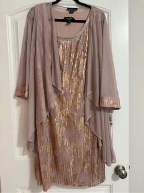 R & M Richards Rose Gold Metallic Pleated Midi Dress with Draped Chiffon Jacket